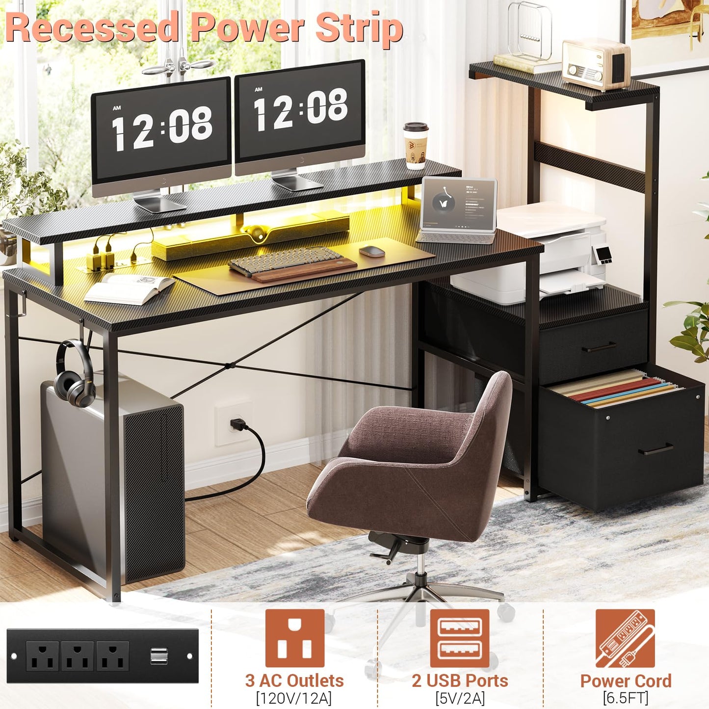 Aheaplus Gaming Desk with LED Strip & Power Outlet, 59Inch Reversible Computer Desk with Monitor Stand & Storage Shelves, Home Office Desks with Fabric File Drawer, PC Gamer Table, Carbon Fiber Black