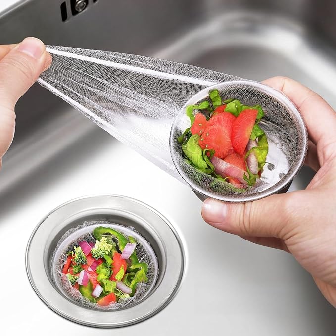 300 Pack Kitchen Sink Strainer Mesh Bags Ã¢ÂÂ Anti-Clogging Disposable Sink Drain Covers that Trap Food Scraps, Leftovers, Hair & Debris. Ultra-Fine Sink Filter Nets Fit Most Sink Strainers.