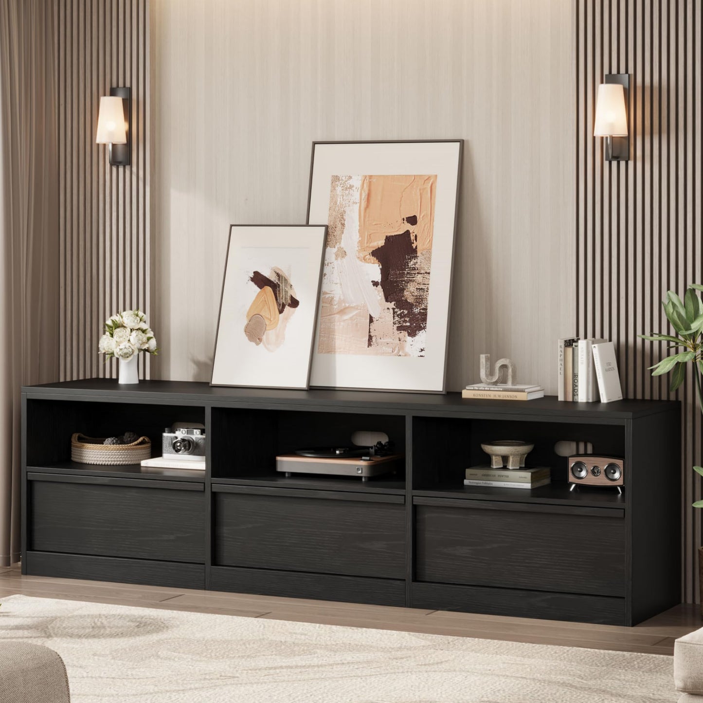 IDEALHOUSE 70 inch TV Stand for 80" TVs, Mid Century Modern Entertainment Center with Storage Drawer & Open Shelves, Wood Media Console Cabinet for Living Room/Bedroom, Black