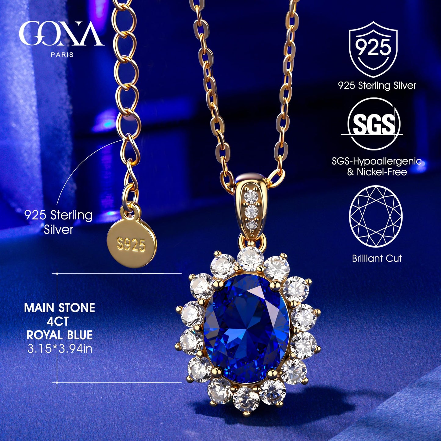 GONA 4CT Royal Blue Lab Grown Sapphire Jewelry Bundle (Necklace + Ring), Princess Diana Inspired Design, September Birthstone，GRC Certified, Hypoallergenic Eco‑Friendly，Ideal Mother’s Day & Annivers