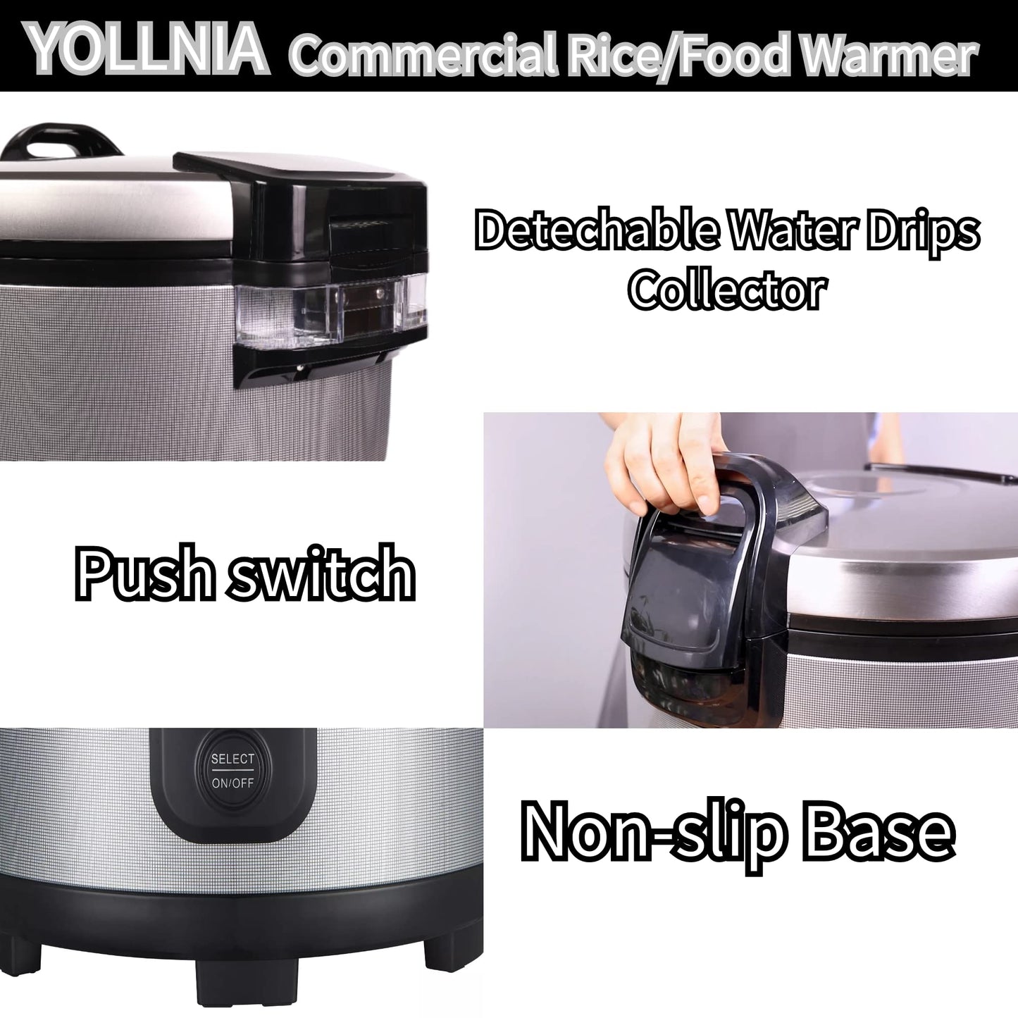 YOLLNIA 55 Raw/110 Cup Commercial Rice Warmer(Not Rice Cooker) Portable 18.1QT Big Rice Warmer / 122℉- 178℉ Adjustable Temperature/ 130W/ Non-Stick Inner Pot