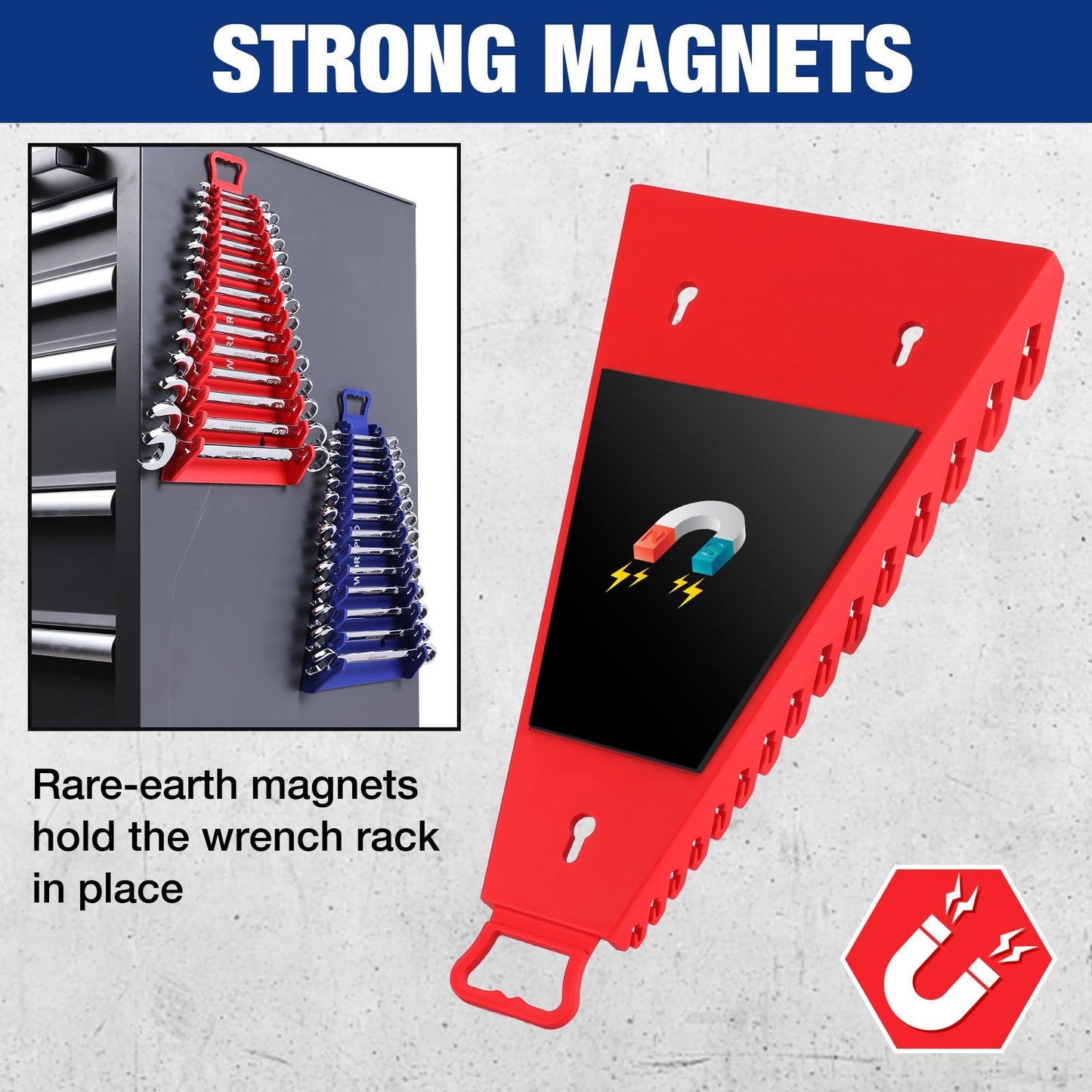 WORKPRO Magnetic Wrench Organizer, 15-Slot Gripper Reverse Wrench Holder for Tool Box, 2-Pack Wrench Rack Fits SAE (1/4” to 1-1/16") and Metric (6mm to 27mm), Flexible Grips, Blue and Red
