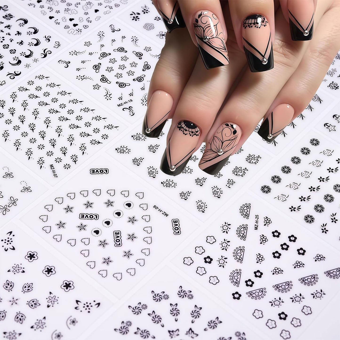 30 Sheets Black Flower Art Nail Stickers for Women Girls, 3D Rhinestones Self-Adhesive Decals Supplies, Floral Butterfly Heart Designs Accessories Decorations
