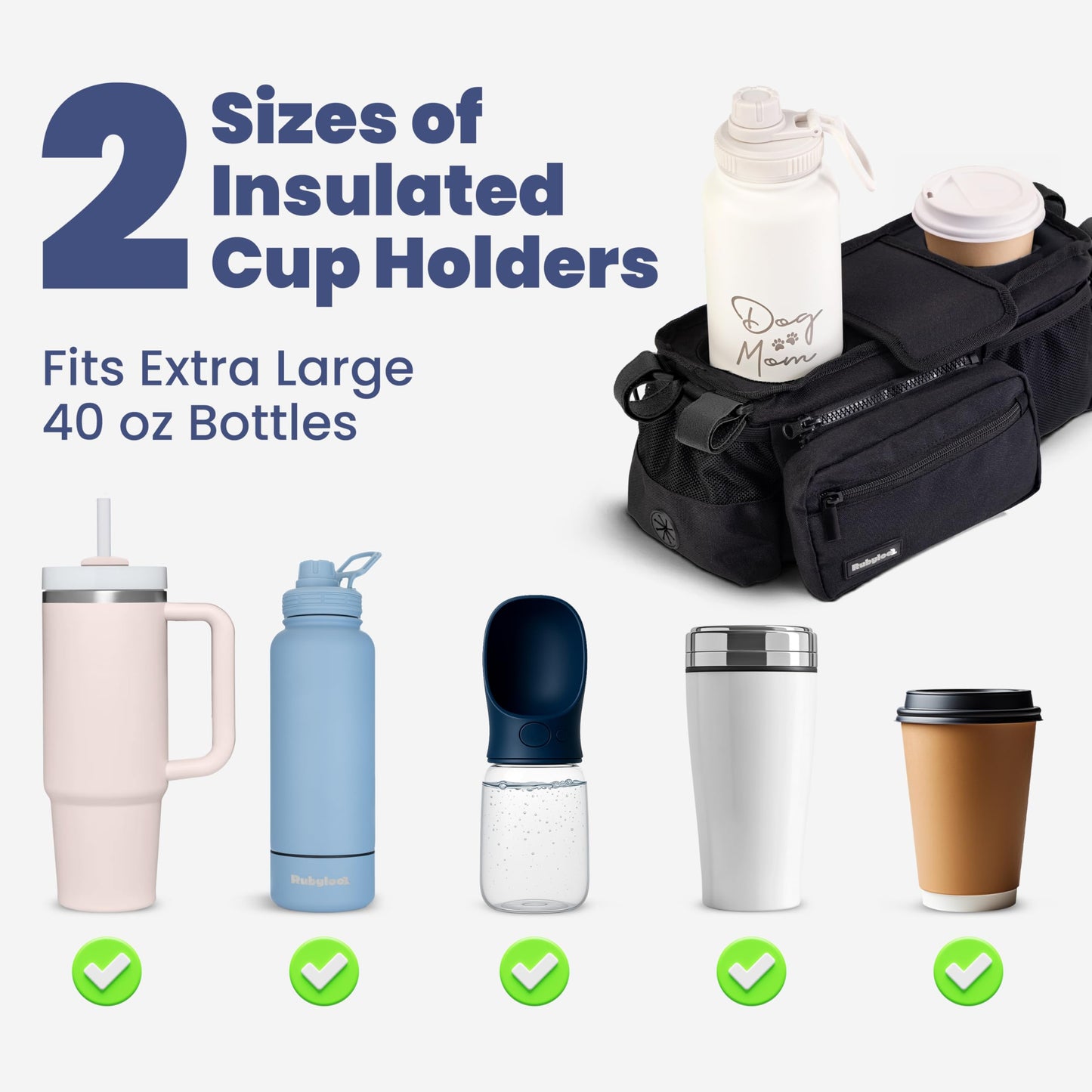 rubyloo Dog Stroller Caddy Organizer with Poop Bag Dispenser, Treat Pocket, Water Bowl – Dog Stroller Accessories with Insulated Cup Holders, Pet Storage & Non-Slip Fit for 14"-19" Wide Handlebars