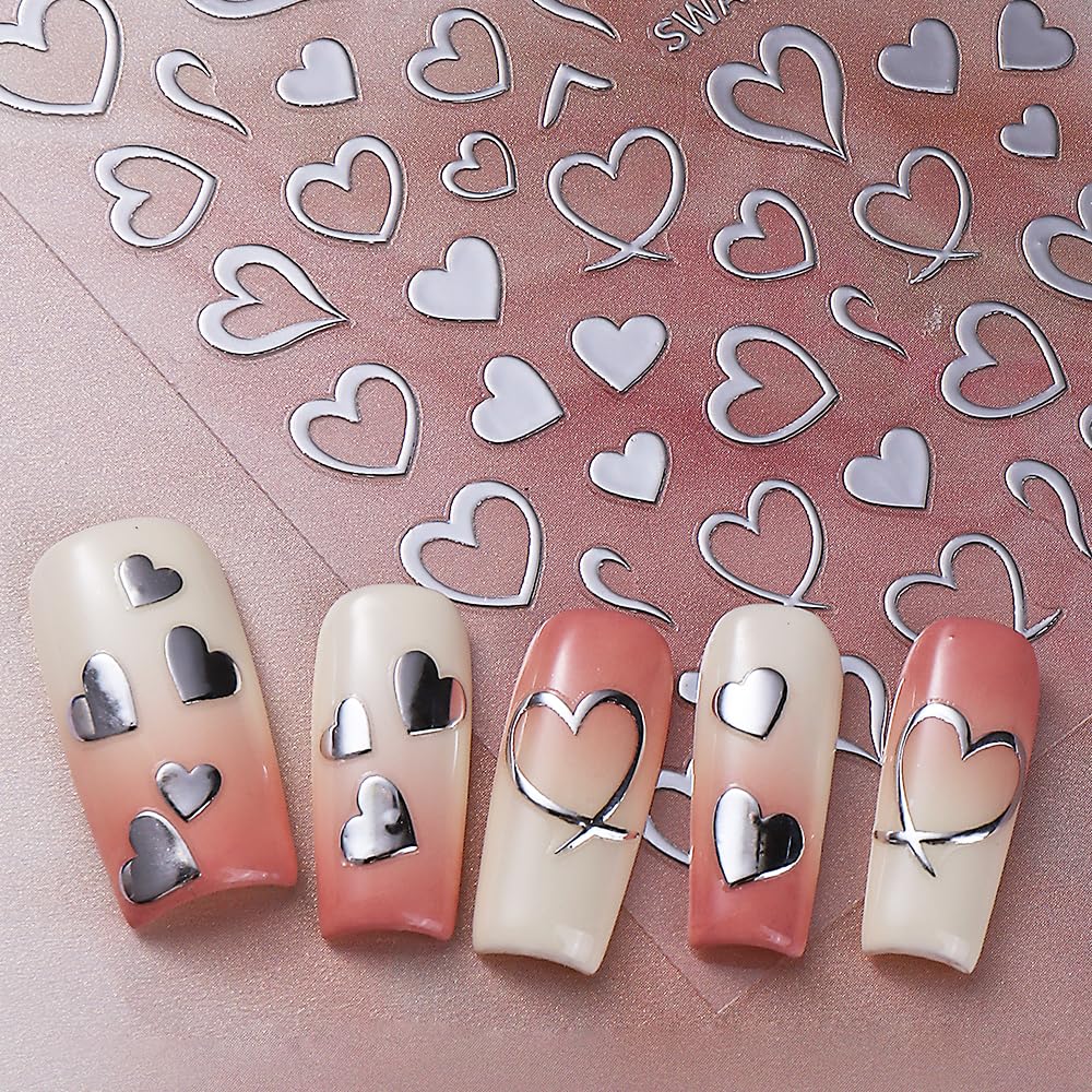 Heart Nail Art Stickers Valentine's Day Nail Decals 6PCS Empty Love Heart 3D Self-Adhesive Valentine Nail Art Decorations Supplies Red Silver Gold Heart Stickers for Nails Women Manicure Design