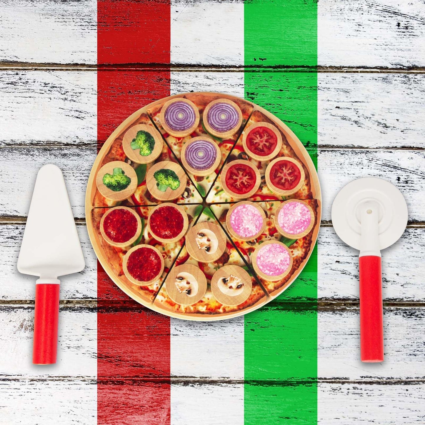 WoodenEdu Cutting Play Food Toy for Kids Kitchen,Wooden Pizza Set Pretend Play Kitchen Accessories,Learning Toy Birthday Gifts for Boys Girls Toddlers (6 pcs Set)