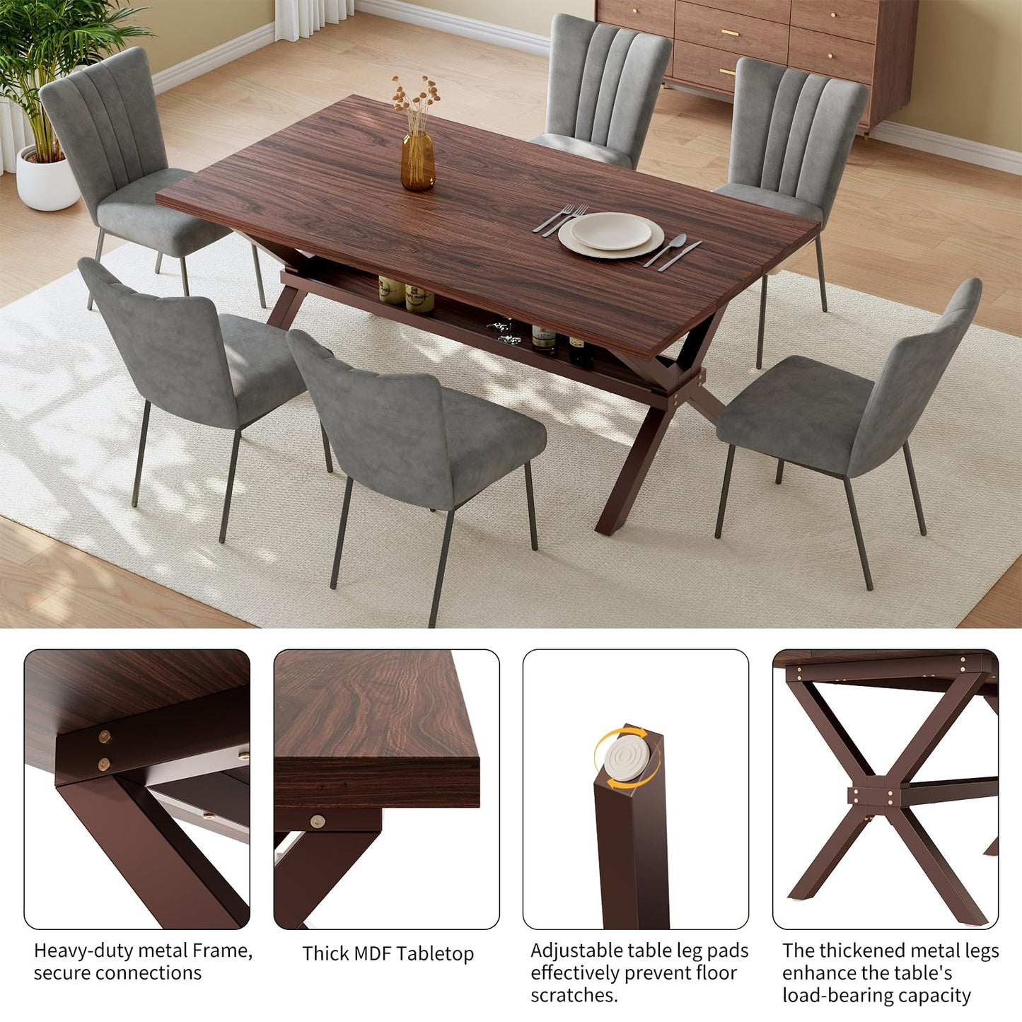 HIPIHOM 63" Dining Table for 4, MDF Kitchen Table with Dining Chairs, Strong Metal Legs, Ideal for Kitchen Living Room