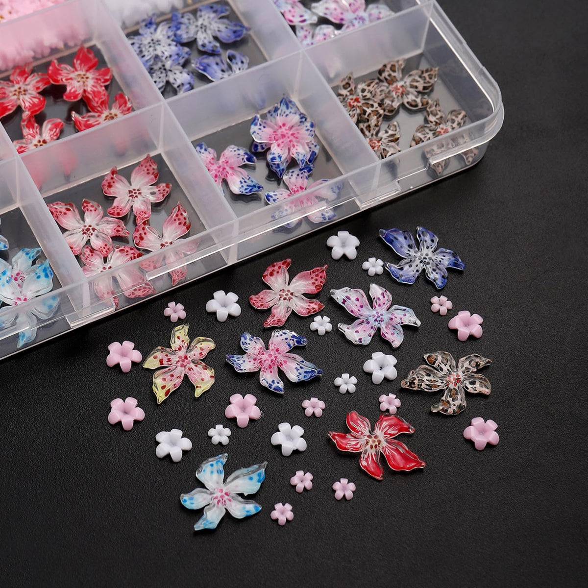 2 Styles Flower Nail Charms 3D Resin Floral Nail Gems Cute Colorful Red Blue Pink Petal Nail Jewels Spring Summer Hibiscus Hawaii Flowers Nail Art Supplies for Women DIY Acrylic Nail 12 Grids 1 Box