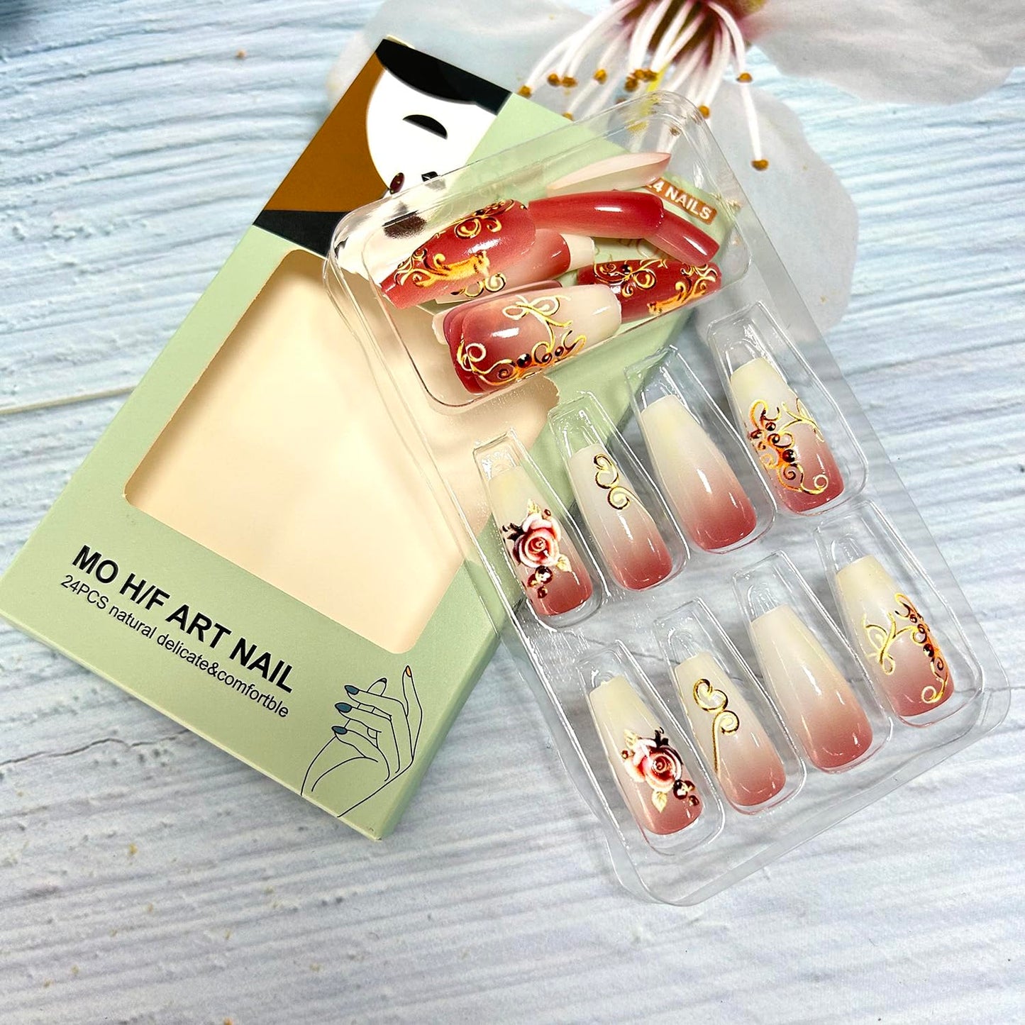 24Pcs Rose Flower Press on Nails Medium Ballet Shaped Gold Lines Design Gradient Acrylic Fake Nail Full Cover Glossy Blossom Stick on Nail Floral Artificial Fingernails DIY Glue on Nails for Women
