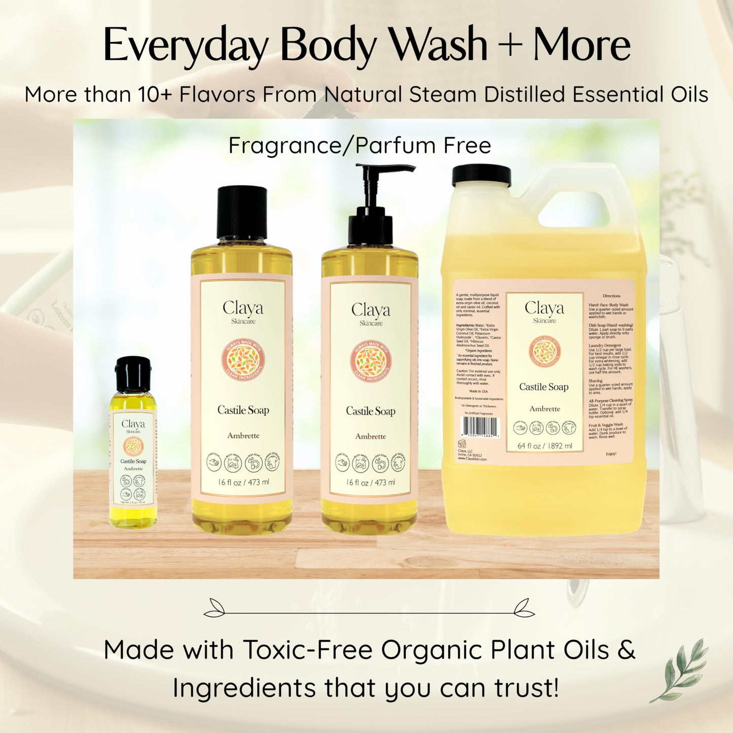 Claya Liquid Castile Soap – Organic Ingredients, Biodegradable, Gentle for Sensitive Skin and Versatile Use (64 fl oz, Peppermint)