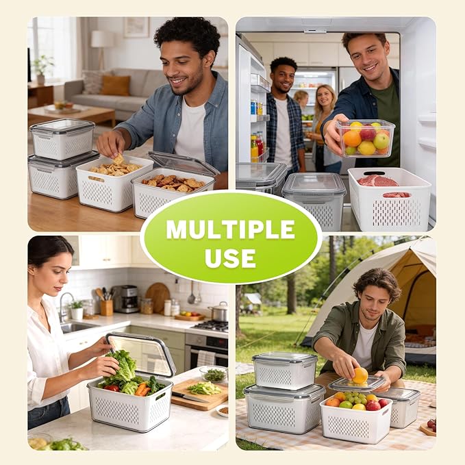 6 PCS Fruit Storage Containers for Fridge with 6 Removable Colanders, BPA Free Fruit Containers for Fridge, Dishwasher & Microwave Safe Produce Containers Keep Fruits, Vegetable, Berry Fresh Longer