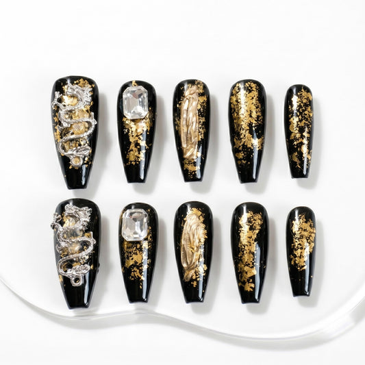 Sun&Beam Nails Handmade Long Coffin Ballerina Black Gold False Nail Tips with Cute 3D Dragon Popular Charm Design Press On 10 Pcs (#52 M), FN-HM-052-M.AU
