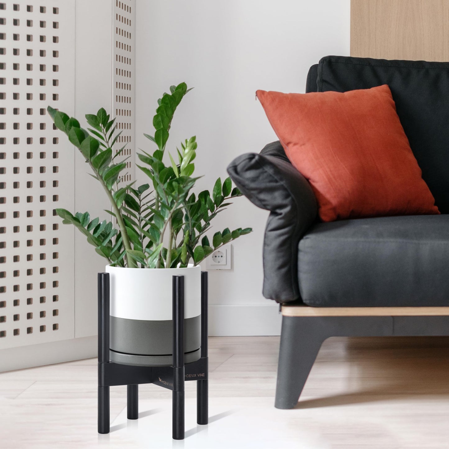 D'vine Dev Ceramic Planter with Ebony Stand - 8 Inch Modern Round Flower Pot with Wood Planter Holder, White/Grey, 55-B-M-6