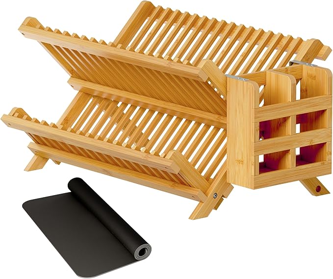 Greenual Bamboo Dish Drying Rack with Utensil Holder, 2 Tier Collapsible Dish Rack, Wooden Dish Racks for Kitchen Counter, Folding Drying Holder with Absorbent Dish Drying Mat