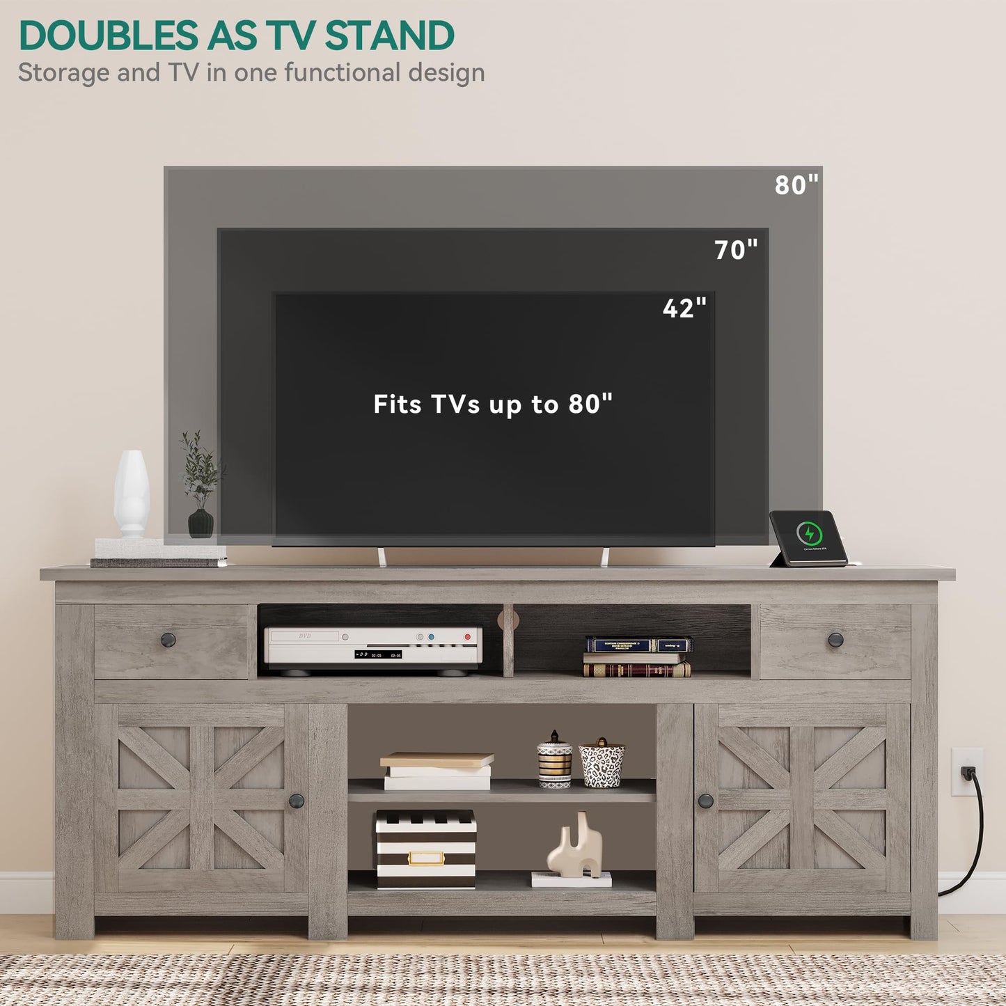YITAHOME TV Stand for 75/80 Inch TV, Farmhouse Entertainment Center with Storage, 70 Inch TV Cabinet with Drawers and Power Outlet, TV Console for Living Room (Grey Oak)