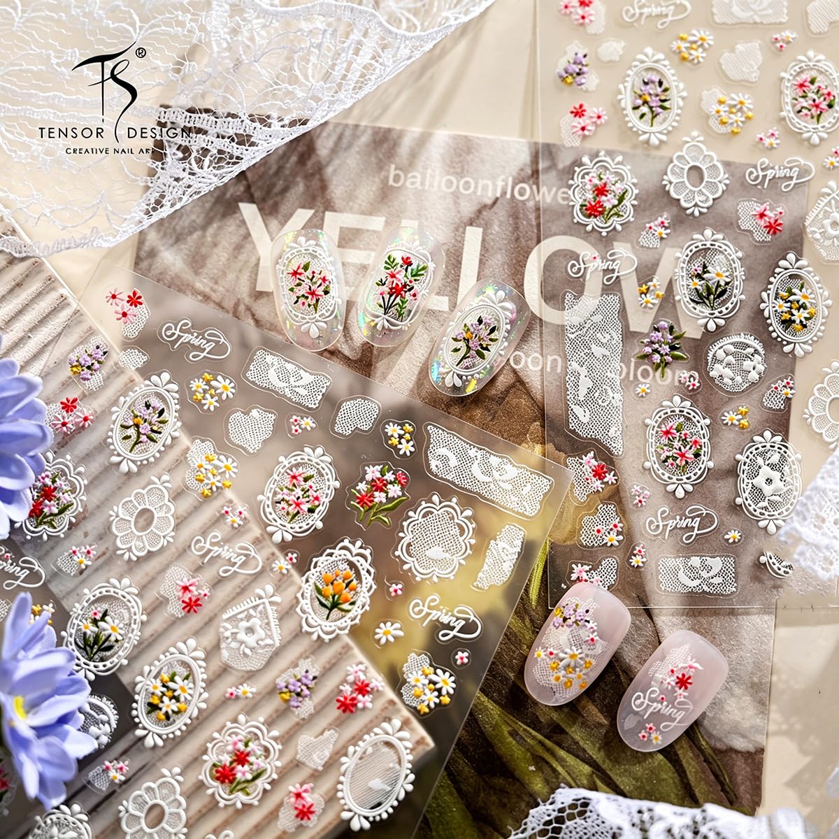 5D Embossed Nail Stickers Spring Summer Flower Nail Art Stickers Lace Frame & Floral Bouquet Nail Sliders Cute Self-Adhesive Nail Decals for Women Girls DIY Manicure, 1 Sheet