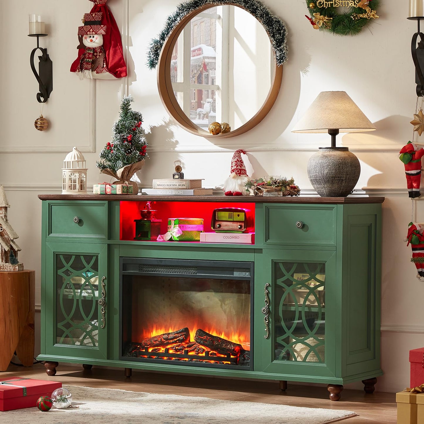 Joaxswe Farmhouse Fireplace TV Stand, 59" Entertainment Center with Electric Fireplace & LED Lights for TVs up to 65'', Glass Door Fire Place TV Stands for Living Room, Media Console w/Drawers,Green