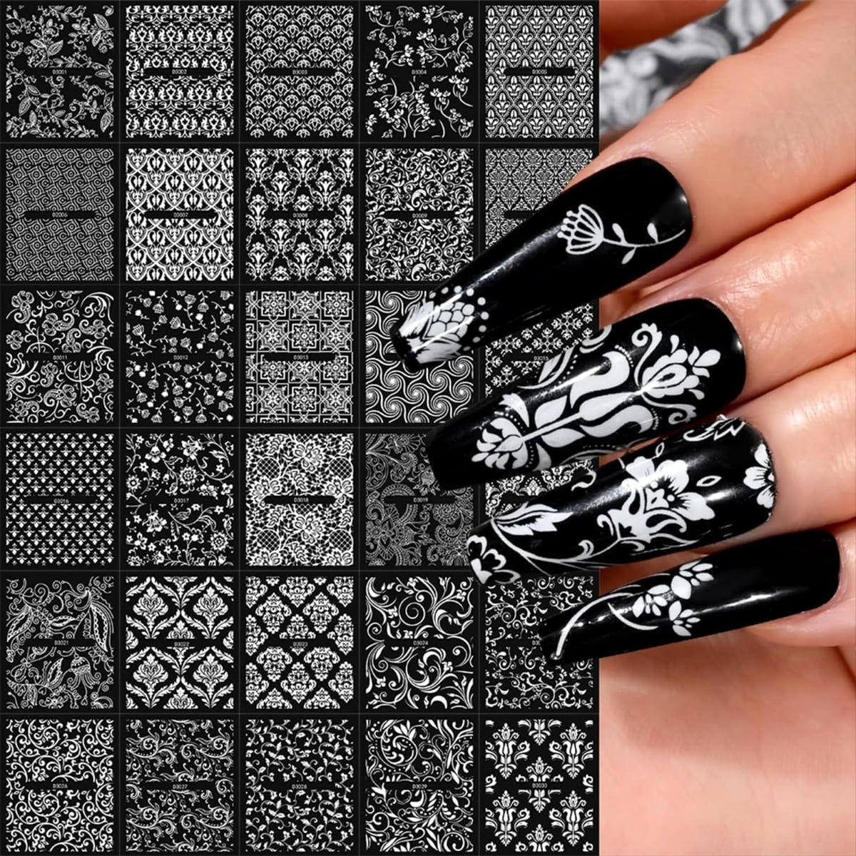 30 Sheet Nail Art Stickers White 3D Self-Adhesive Nail Decals Lace Flower Design Nail Stickers 3D Baroque Floral Spring Summer Nail Supplies for Women Nail Art Manicure Decorations