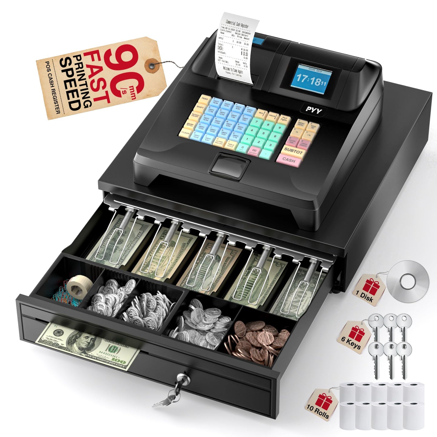 PYY Cash Register for Small Businesses - Electronic Commercial Caja Registradora para Negocio with Locked Cash Drawer Box, 8 Digital Dual Display, 48 Keys, Cashing System for Supermarket Restaurant