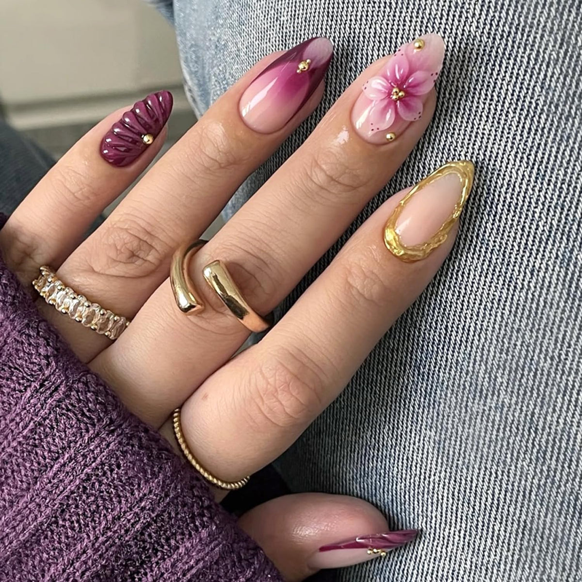 Mivota Soft Gel Press On Nails Almond Floral Design, Burgundy Pink Gold Foil Flower Glue On Fake Nails Glossy Reusable Acrylic Look False Nails for Women 24PCS