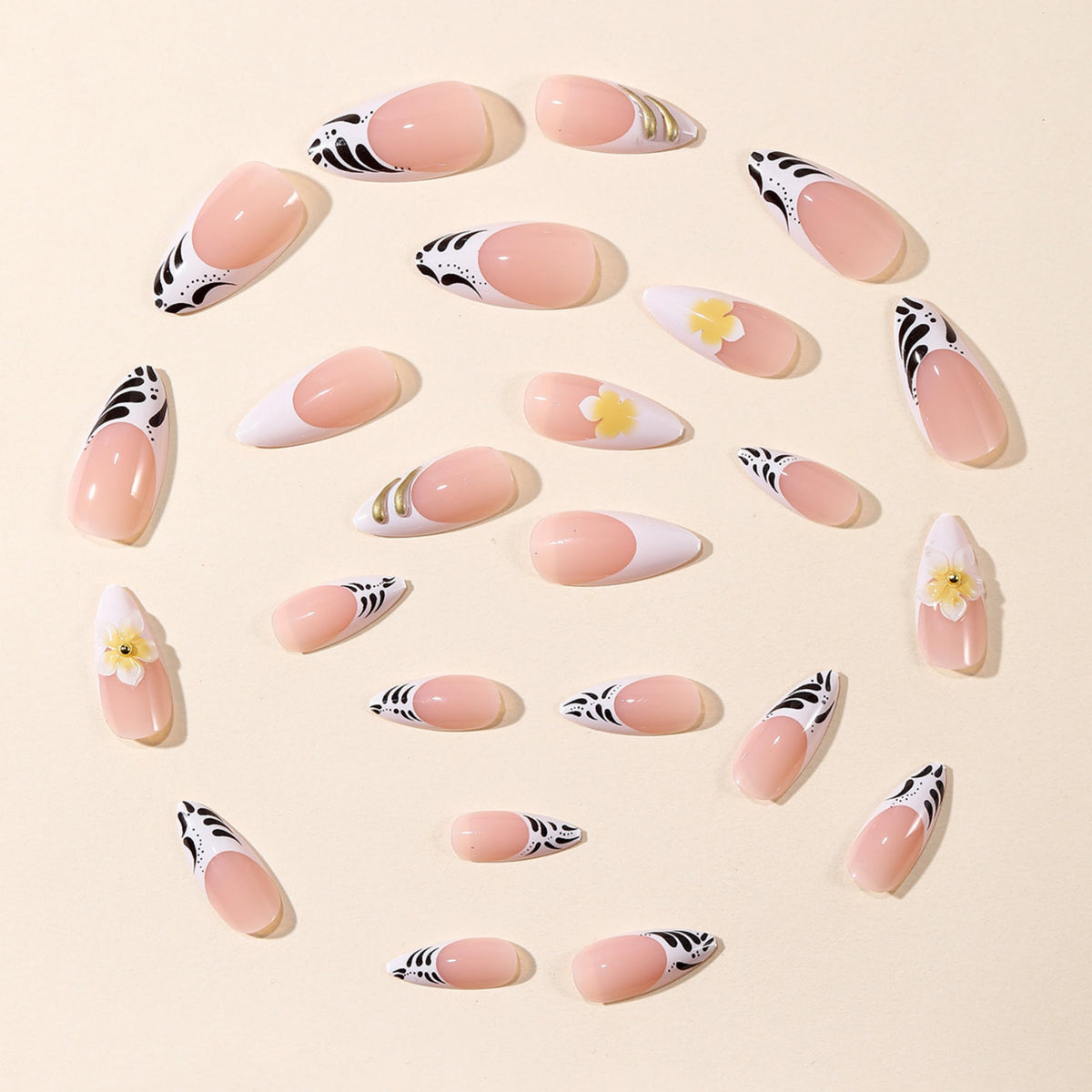 Almond Press on Nails Long Fake Nails Black Acrylic Nail Press ons Seeneey Gold Charm and Floral Designs Cute Stick on Nail for Women 24pcs