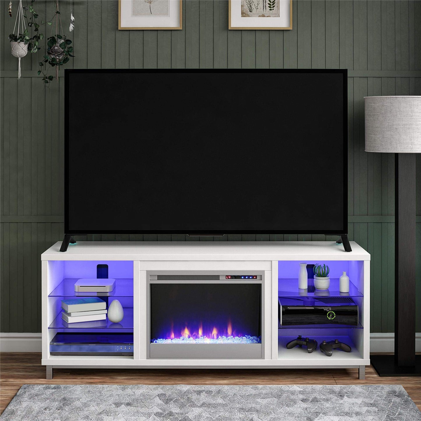 Ameriwood Home Lumina Fireplace TV Stand for TVs up to 70 Inch, Replaceable Electric Fireplace Insert Heater, Remote Control, Timer, Color Changing LED Lights, Crystal Ember Flames, White