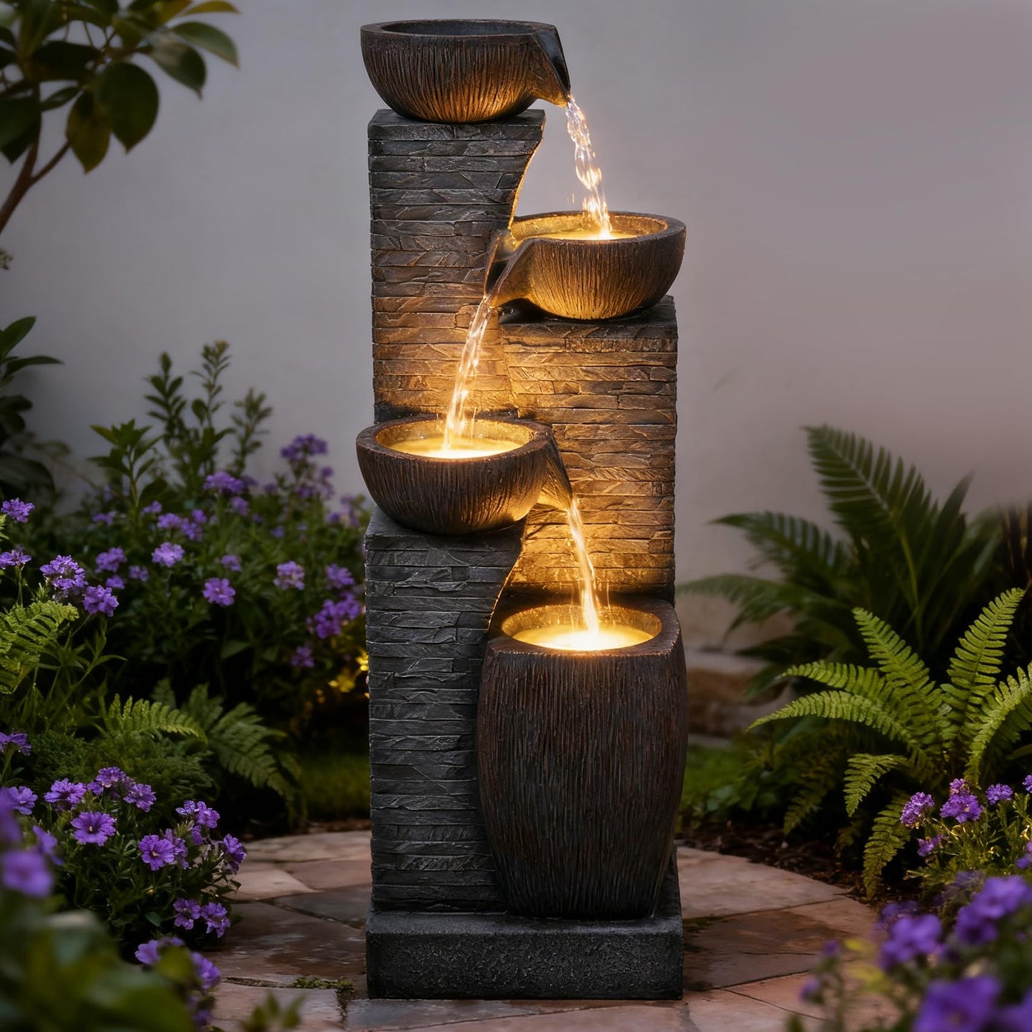 Pivotify 38.2" Tall Water Fountain Outdoor Garden,4 Tiers Modern Cascading Bowls and Stacked Stones Indoor Fountains with LED Lights for Garden, Patio, Deck, Porch, Backyard and Home Art Decor(Grey)