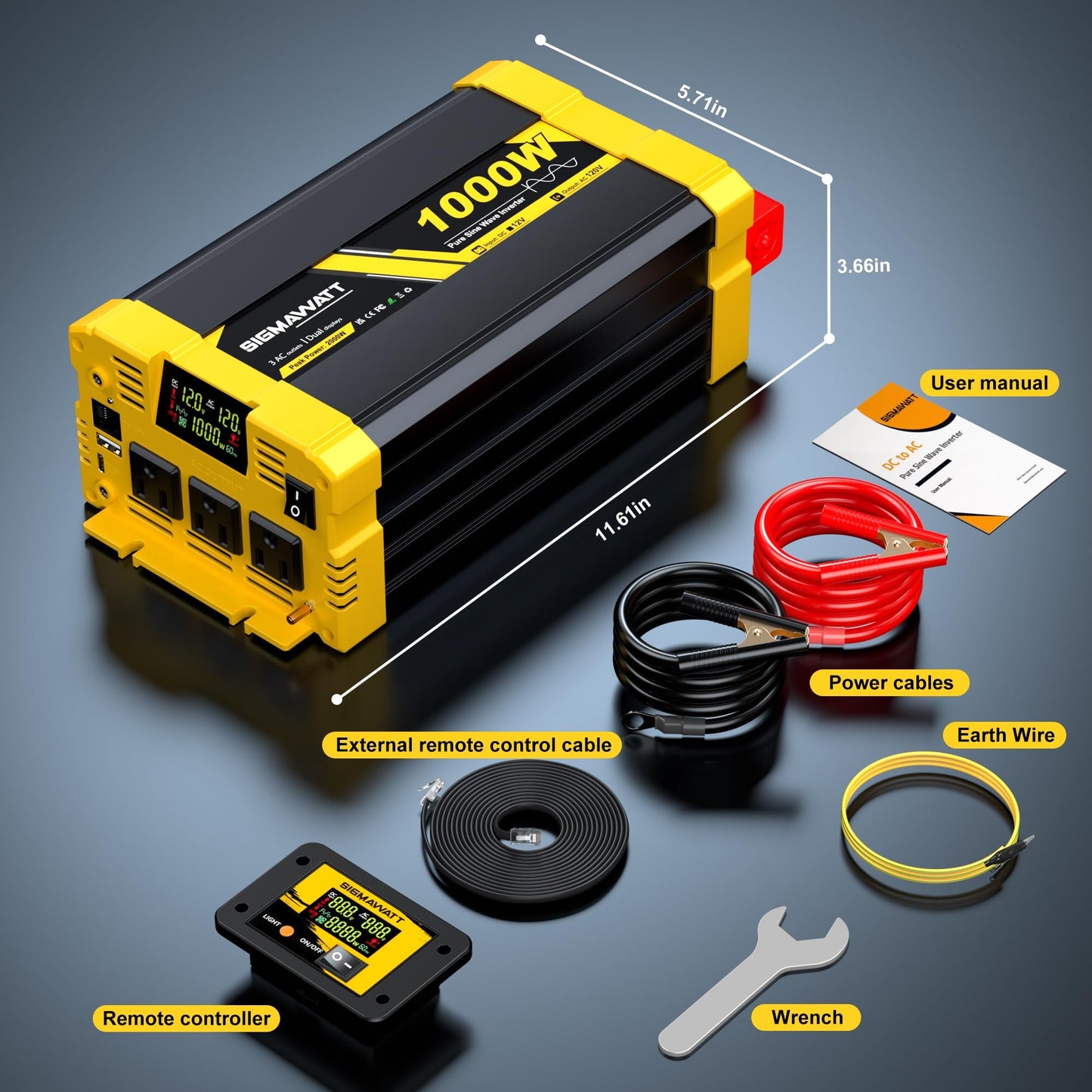 1000W Pure Sine Wave Inverter,12V DC to 120V AC–Powers Laptop,Tablet,Printer,Slow Cooker,Small Mixer,Car Refrigerator,Switch and PS5 with Led Display and Remote Monitoring