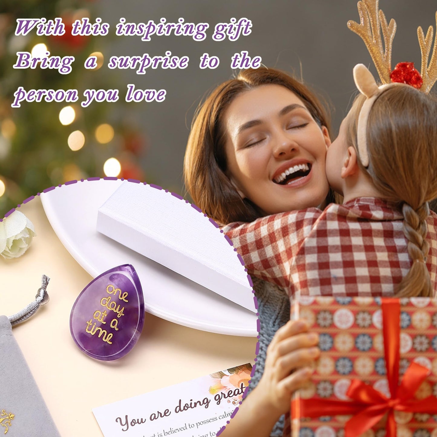 QINJIEJIE One Day at A Time Gifts Amethyst Healing Crystals Worry Stones for Anxiety Relief Items You Got This Inspirational Thinking of You Gifts for Women Men Encouragement Gifts for Best Friends