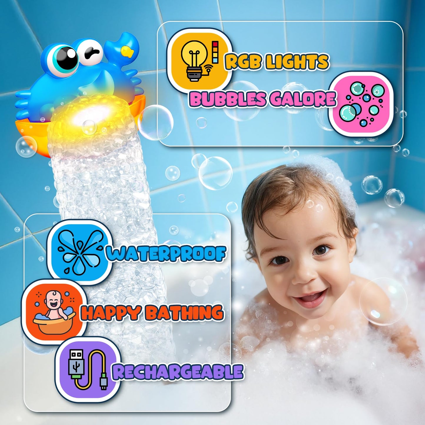 Bath Toys for Kids Ages 1-3,Light Up Baby Bath Toys Crab Bubble Maker with Colourful Light Toddler Bathtub Birthday Gifts Easter Stocking Stuffers for Boys Girls Aged 1-3 2-4 3-5