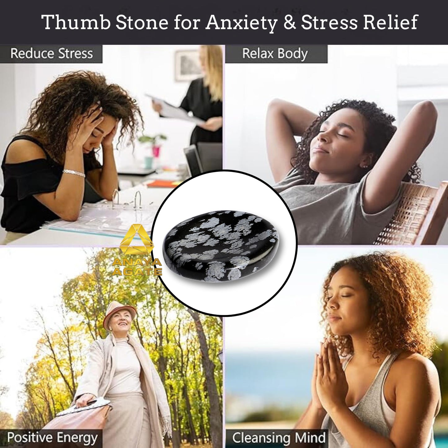 Anaya Agate Snowflake Obsidian Worry Stones Certified Crystal Thumb Worry Stone for Anguish Relaxing and Soothing Balance Stones for Meditation, Stress Relief Crystals and Healing Stones for Men Women