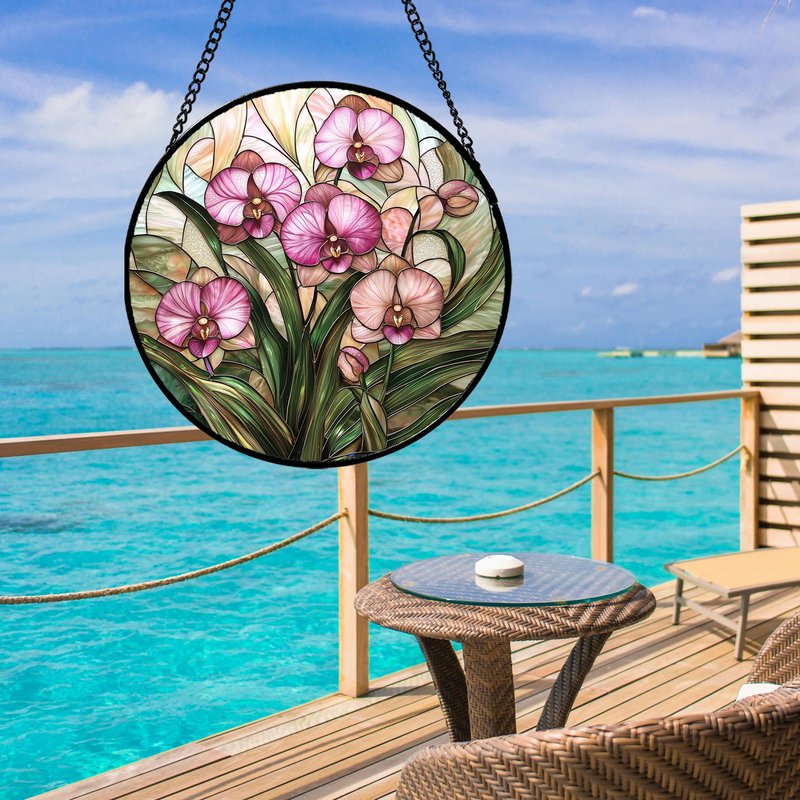AMDERVEN Stained Glass Window Hanging - Pink Phalaenopsis Orchid Green Leaves Sun Catcher for Door Home Decor Flower Suncatcher Christmas Mother's Day Birthday Gifts for Women Men Mom Nana 7.8 in