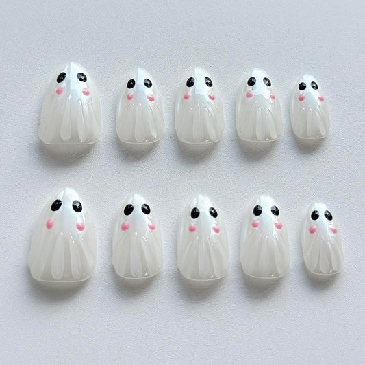 Halloween Press on Nails Medium Almond Handmade Nails 3D Unique Reusable ABS Material Luxury Fake Nails Chrome Cute Little Ghost False Nails with Designs Glossy Glue on Nails Thick Acrylic Nails(M)