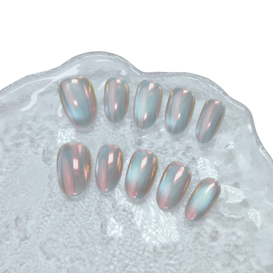 Cat Eye Press on Nails Handmade Short Oval/Square/Round False Nails with French Tip/Aurora/Magnetic Shimmer Designs (Aurora#Sunset River, Large)