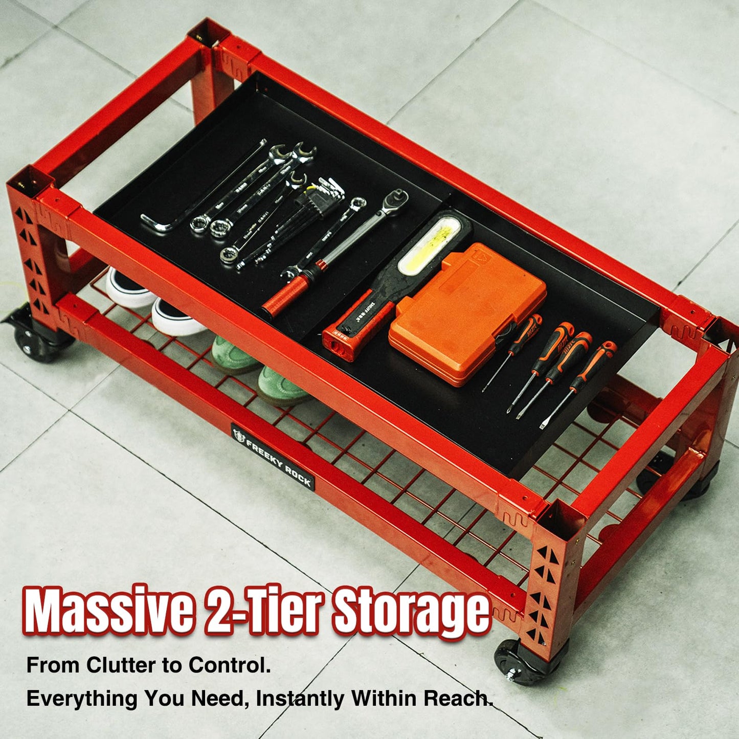 FREEKYROCK Heavy Duty Garage Bench Stool with Removable Creeper Pad, 2 Storage Shelves & 4 Wheels, 500LB Capacity Mobile Work Seat for Workshop, Car Repair, Red
