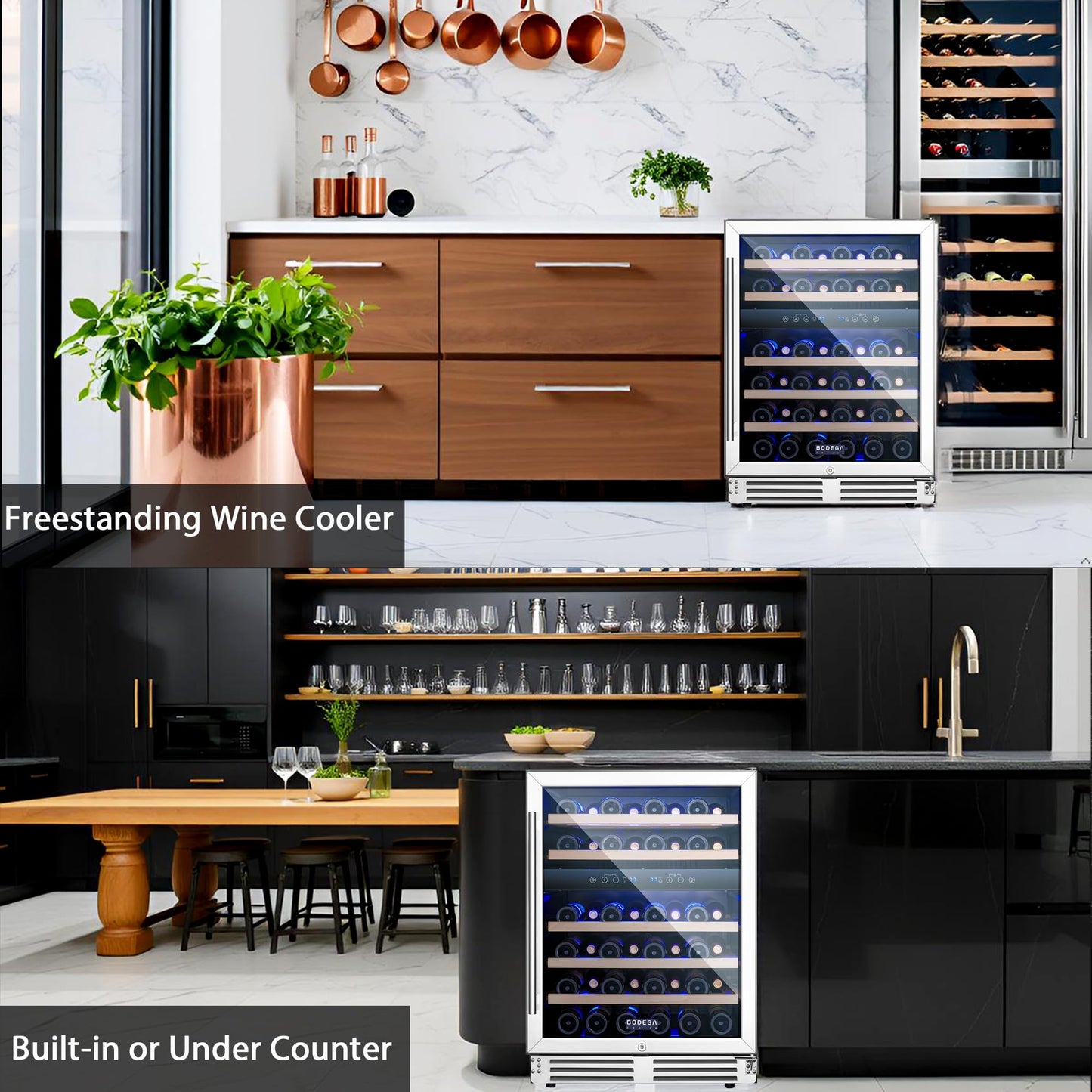 BODEGA 24 inch Wine Cooler, 46 Bottle, Under Counter Wine Cooler 24'' with Adjustable Shelves, Built-in Wine Refrigerators Free standing, Energy Efficient, Dual Zone Wine Fridge for Home Bar Office.