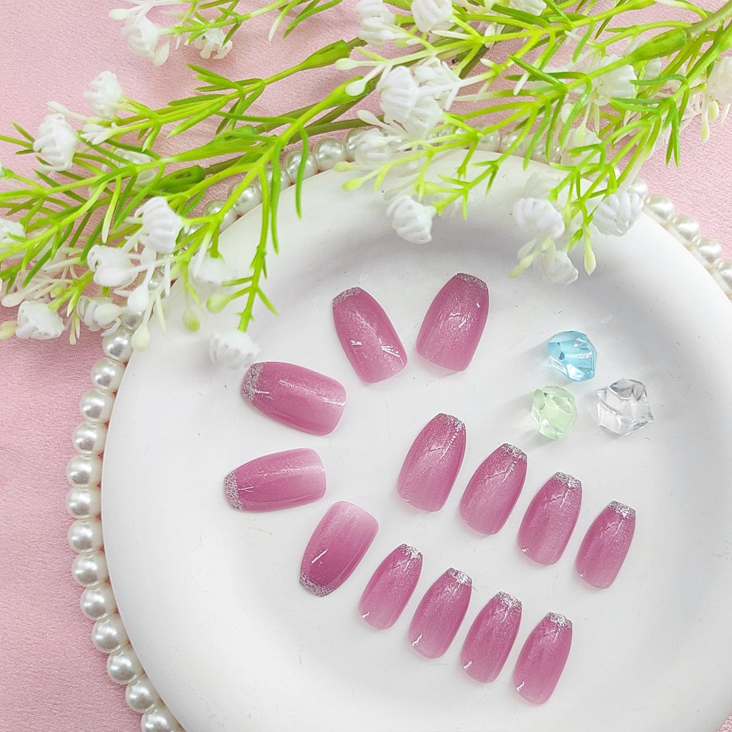 Pink Press on Nails Short Fake Nails with Glitter French Tip Designs Coffin Nails Press ons Cat Eye Glue on Nails Glossy Acrylic Nails Daily Wear Natural Stick on Nails for Women 24Pcs