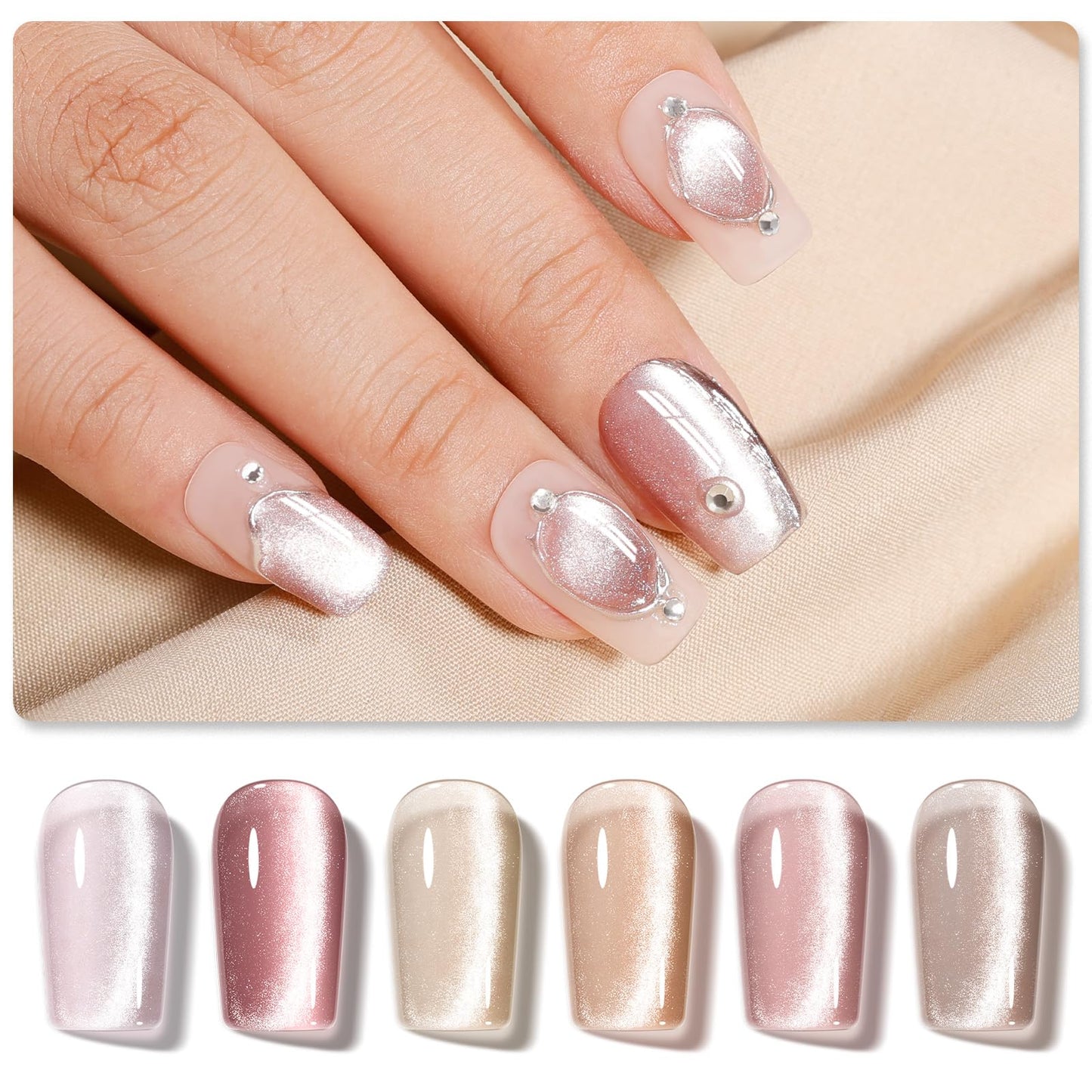 GELLEN Nude Glitter Cat Eye Gel Nail Polish Set, Magnetic Holographic U V Gel Polish Sheer Jelly Shiny Glass Cat Eye Effect Soak off Salon Quality