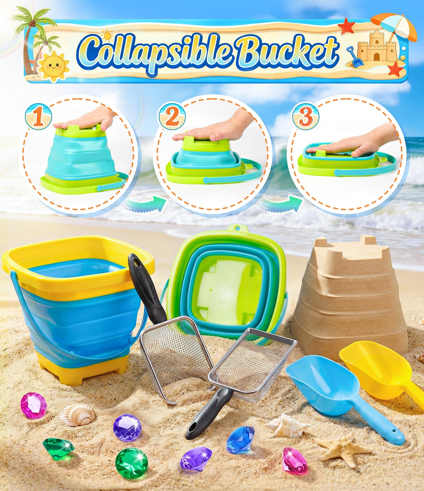 DISHIO Beach Toys for Kids, 25 Pcs Metal Sand Sifter & Collapsible Beach Buckets Set, Stainless Steel Sand Shovel, Sandcastle Building Kit with Mesh Bag, Travel Sand Toys for Toddlers Age 3-10