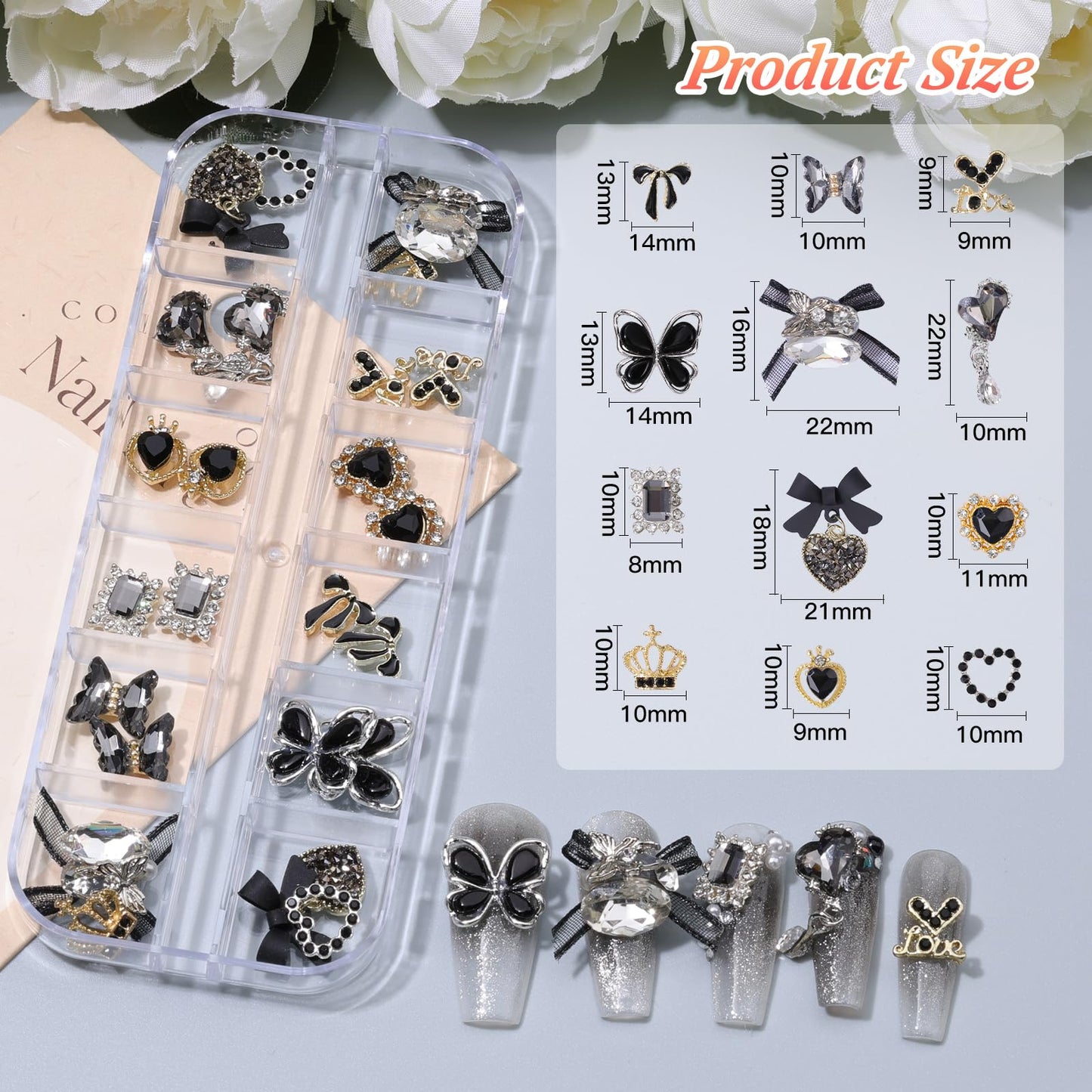 5 Boxes Black 3D Nail Charms Set, 24Pcs Y2k Alloy Nail Art Rhinestone Charms 3D Bow Flower Crown Heart Star with Tweezers and Dual-end Brush for Manicure Salon DIY Crafts,Face Makeup Gems Jewels