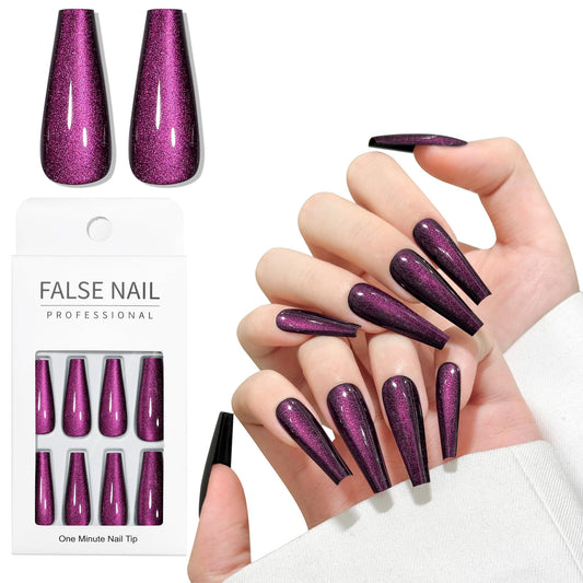 Dark Purple Cat Eyes Press On Nails,12 Sizes - 24 Pcs Soft Gel Purple Long Coffin Fake Nails Kit with Nail Glue, Natural Reusable Stick On False Nails for Women and Girls SK1045