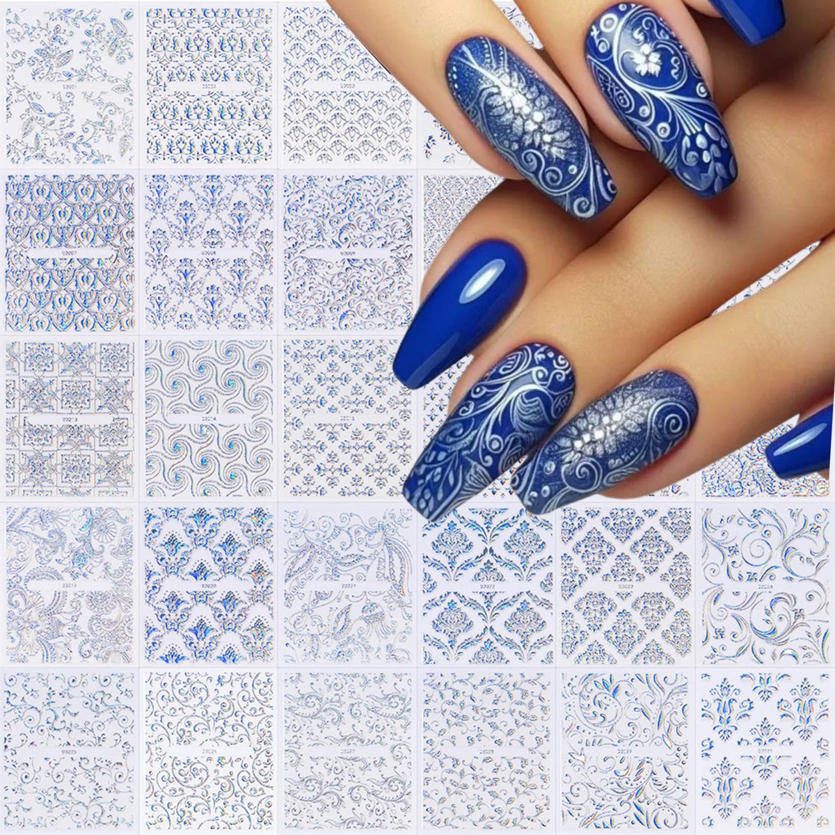 WEIXIWUYU Laser Silver Hollow Retro Floral Vine Nail Art Stickers Laser Silver Lace Design Nail Supplies 3D Self-Adhesive Nail Stickers for Women Girls DIY Manicure Slider Decorations 30 Sheets