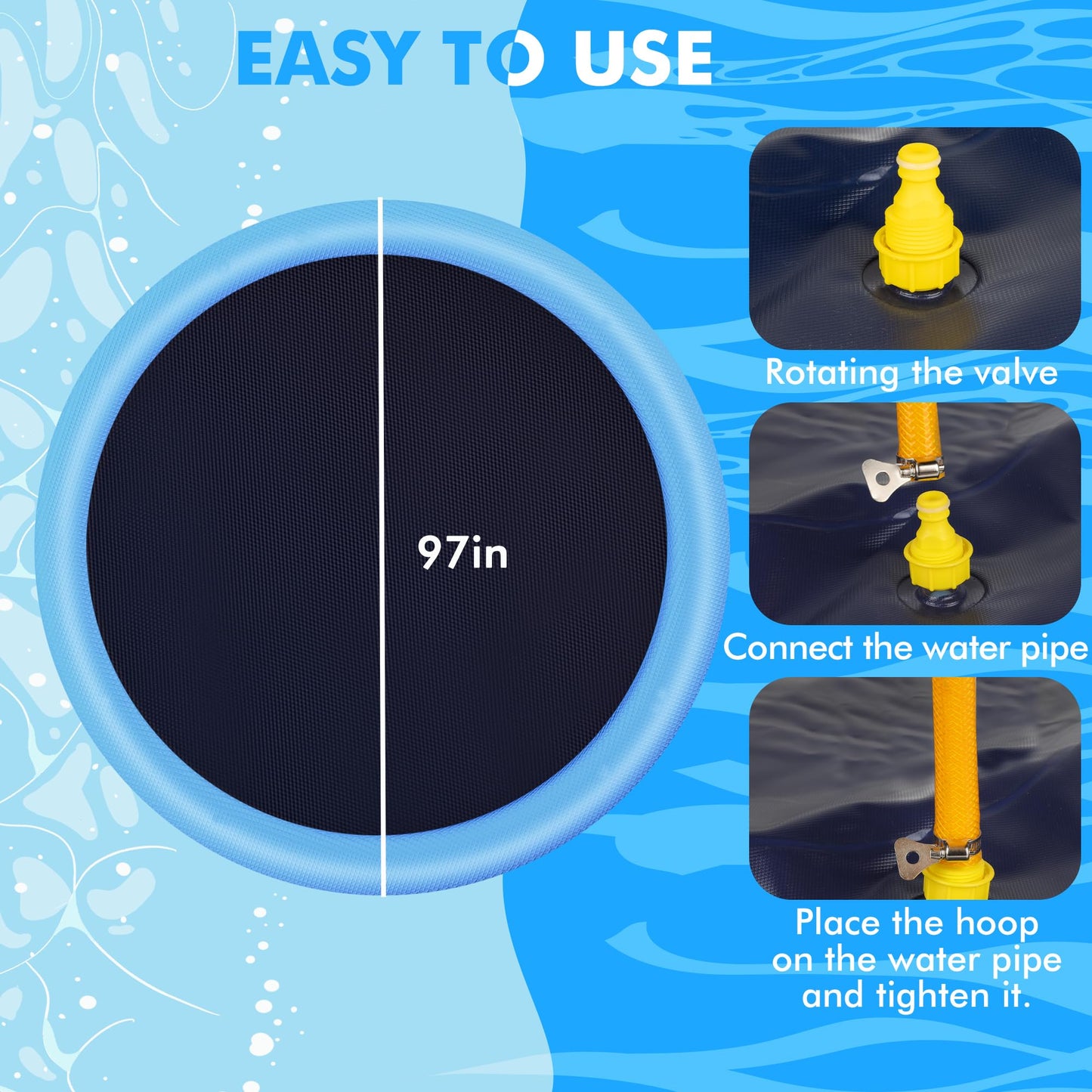 YAUNGEL Splash Pad for Dogs - 97in Non-Slip Splash Sprinkler Pad for Kids Toddlers Baby, 0.58mm Thickened Durable and Foldable Dog Pool Summer Outdoor Water Toys Play Mat, Blue
