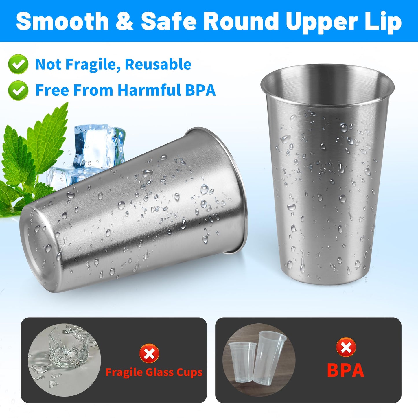 HAMILADUO 105Pack 16 oz Stainless Steel Pint Cups,Stainless Steel Cup,Pint Cup Tumbler，water Tumbler,Stackable,Reusable,BPA Free, (105)