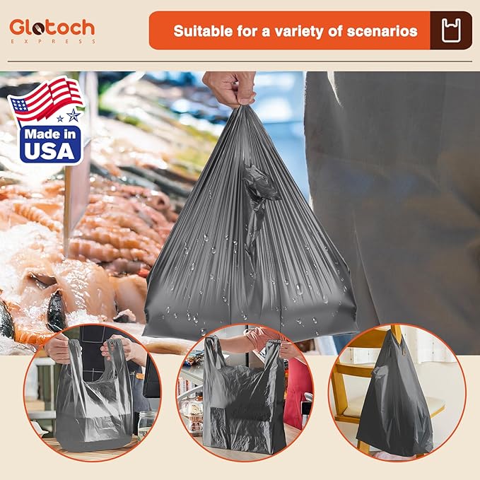 Glotoch 1000 Count - Plastic T-shirt Bags Grey (Plain), 11.5" x 6.5" x 21" Grocery Bags with Handles for Restaurant, Retail, Grocery Store, Takeout, Convenience Stores, Shopping Bag in Bulk