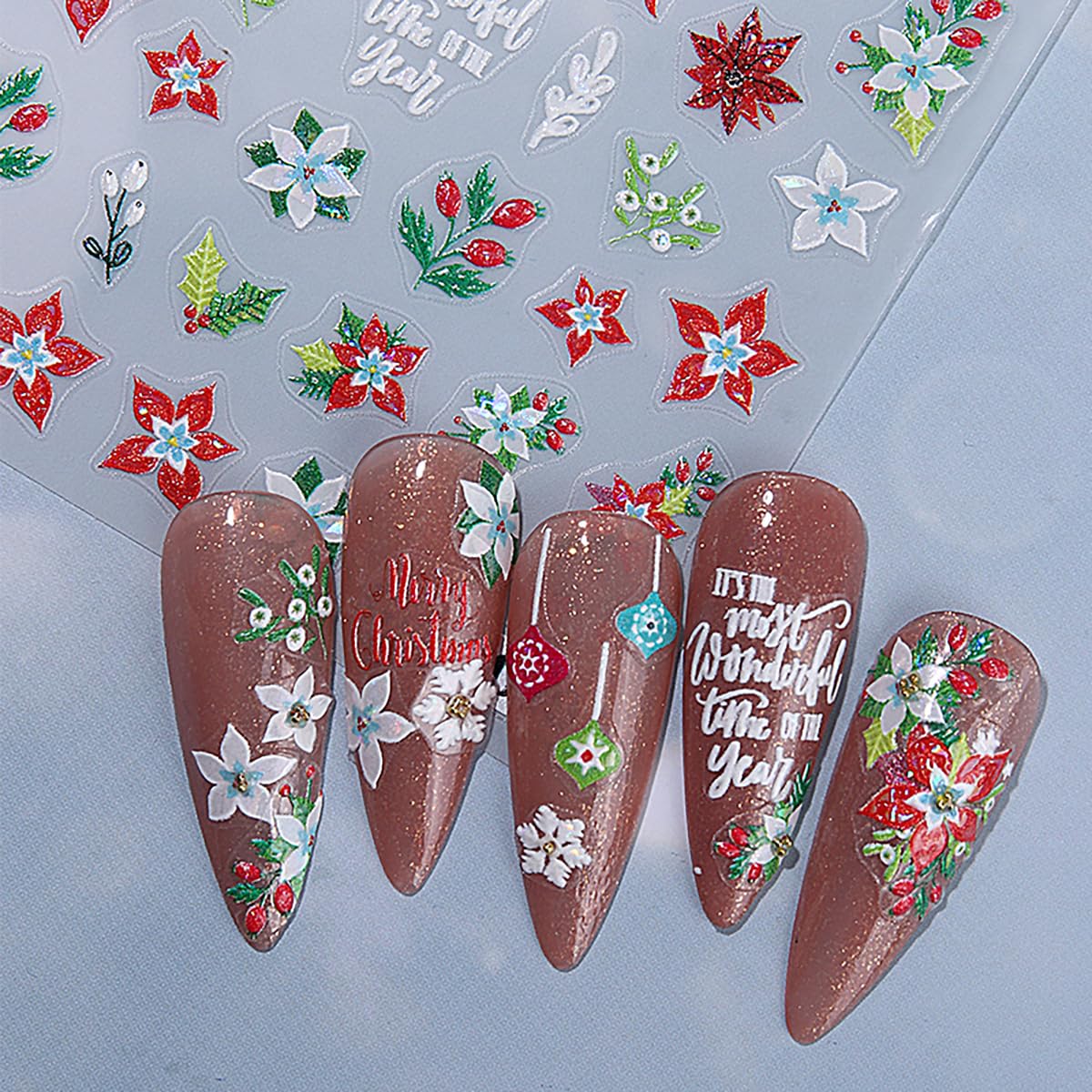 2 Sheets Christmas Nail Stickers for Nail Art 5D Embossed Flower Nail Art Stickers with Snowflake Bow Cherry Leaf Design Winter Nail Decals Nail Art Supplies for Women Acrylic Manicure Decorations
