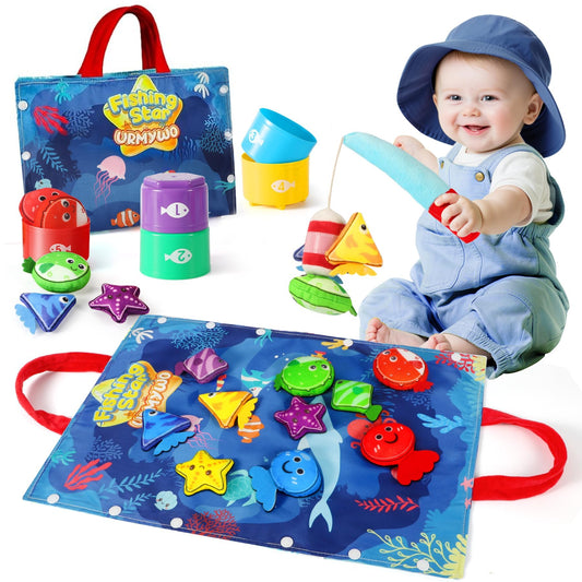 Montessori Toys for 1 Year Old Boy Girl Birthday Gift, 17 in 1 Cloth Fishing Game with Stacking Cups, Color Sorting, Shape Matching, Early Learning, Toddler Toys Gifts for 1 2 Years Old Boy Girl