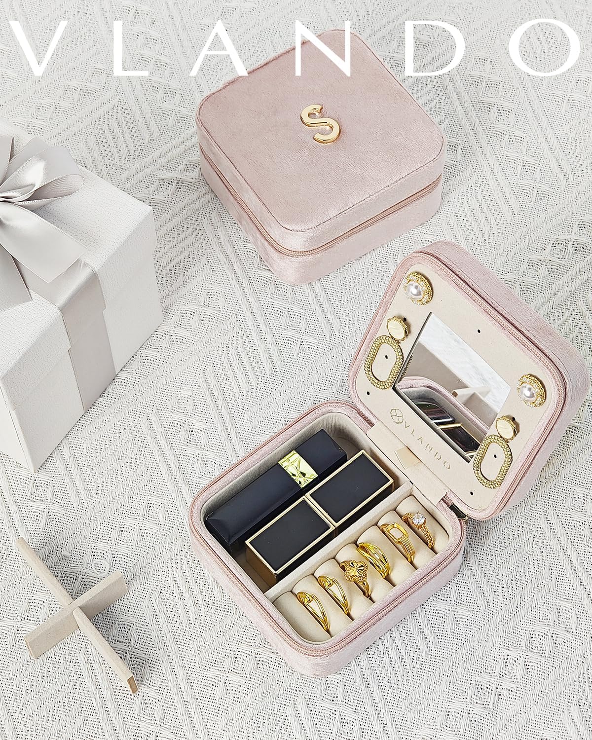 VLANDO Holidays Gifts, Travel Jewelry Organizer, Necklace Organizer Earrings Ring Organizer, Travel Wedding Gifts for Women Travel Essentials - Letter S, Pink