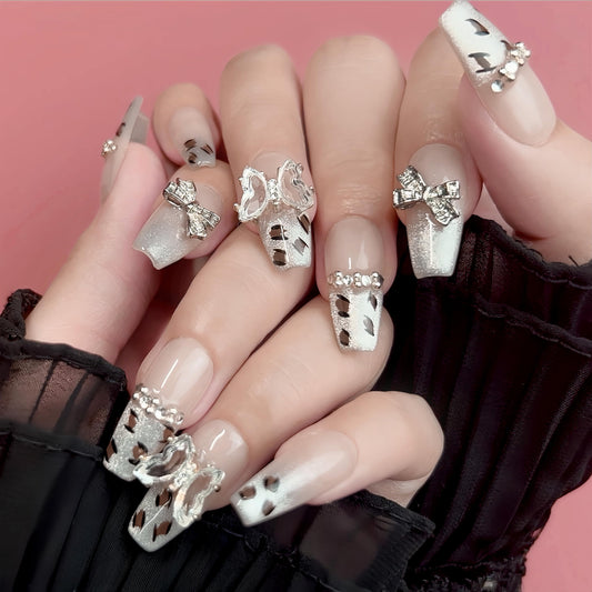 Handmade Press On Nails impress French Fake Nails Medium Square Coffin 3D Leopard cheetah Butterfly Manicure False press ons Nail Artificial (S size)