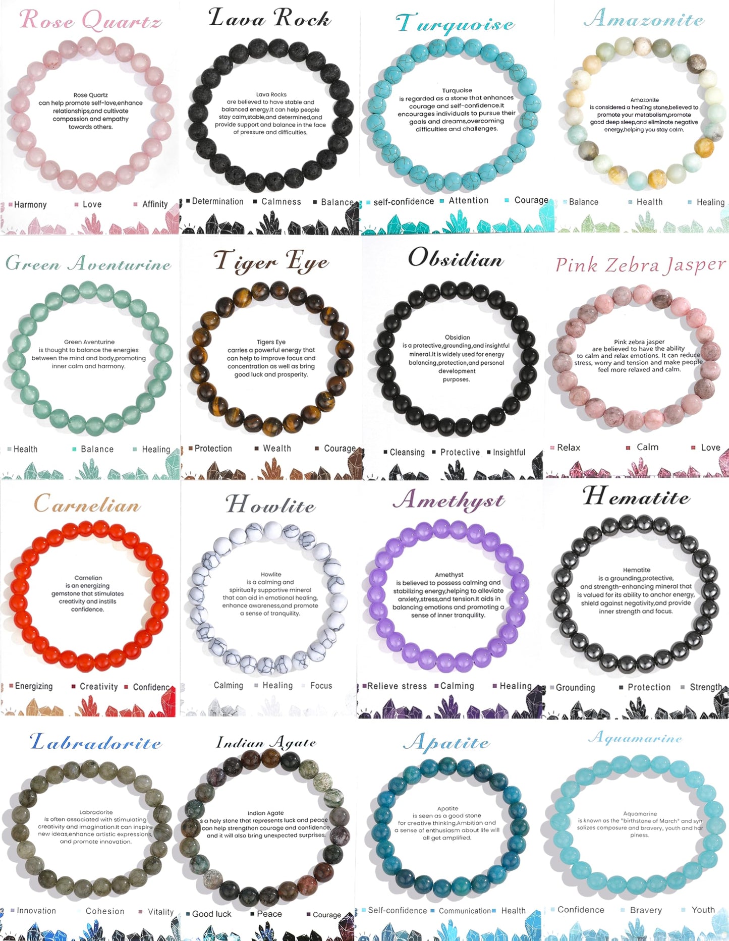 MEDOJO 16 Pcs Crystal Stone Bracelets Set for Women Men Semi-Precious Gemstones 8mm Round Beads Bracelet Crystal Stone Stretch Bracelets Jewelry